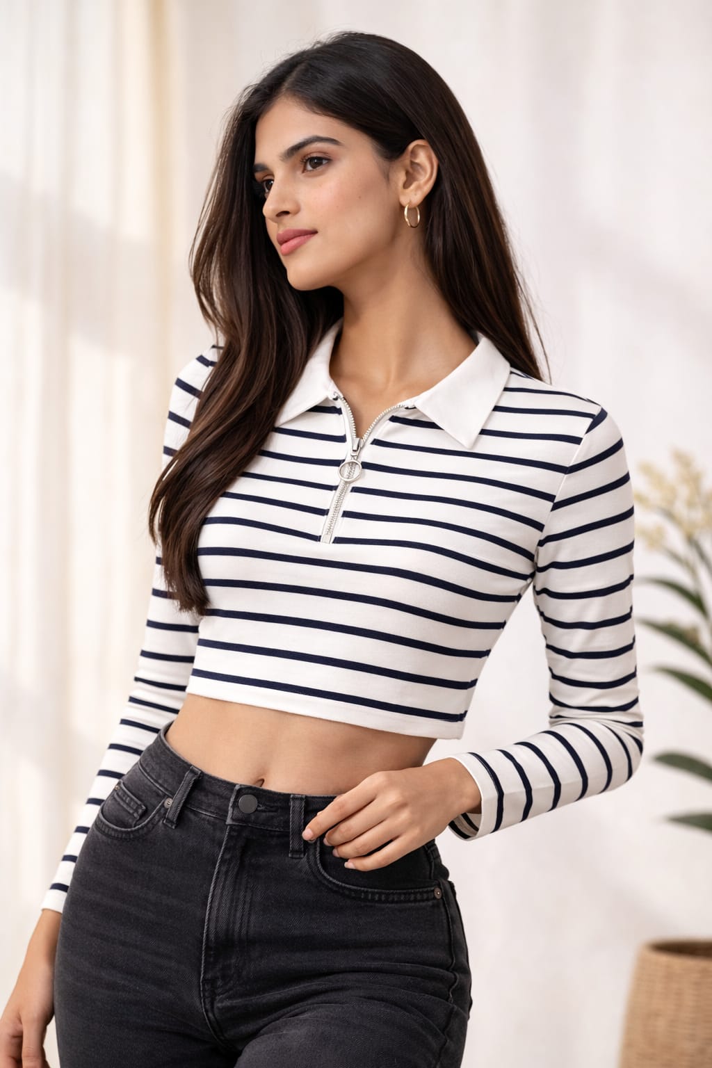 Striped Long Sleeve Zip Crop Top