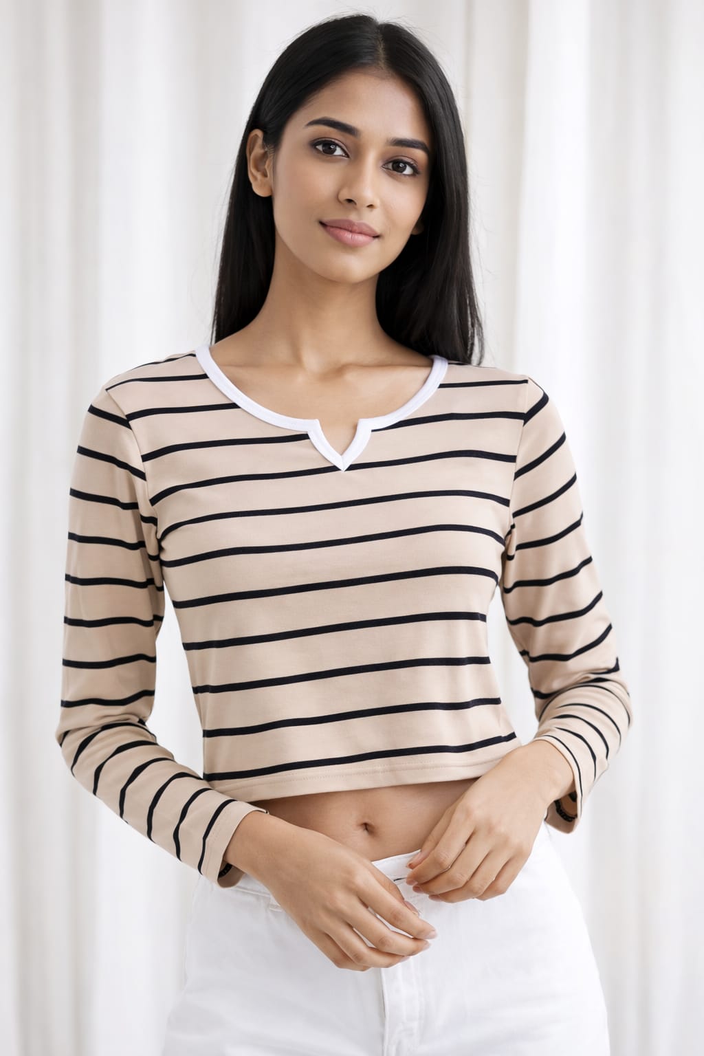 beige and black striped crop top