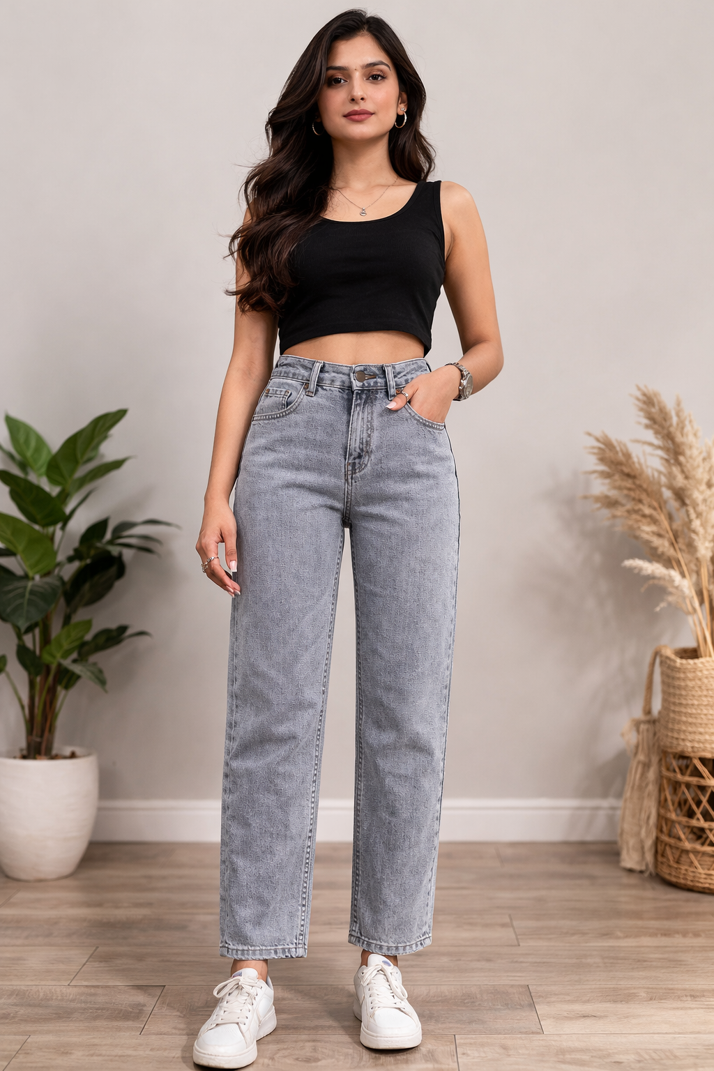 Light Grey Straight-Leg Denim Jeans