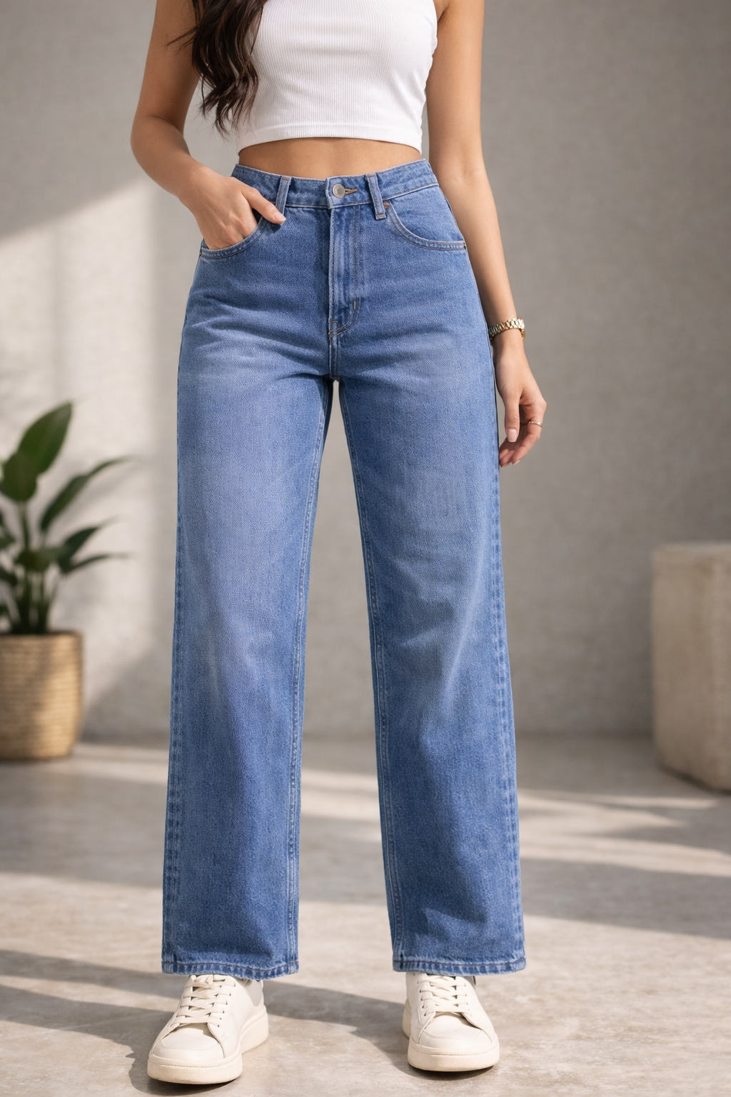 Mid-blue wide-leg jeans