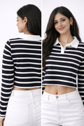 Black and white striped long-sleeve polo Tee