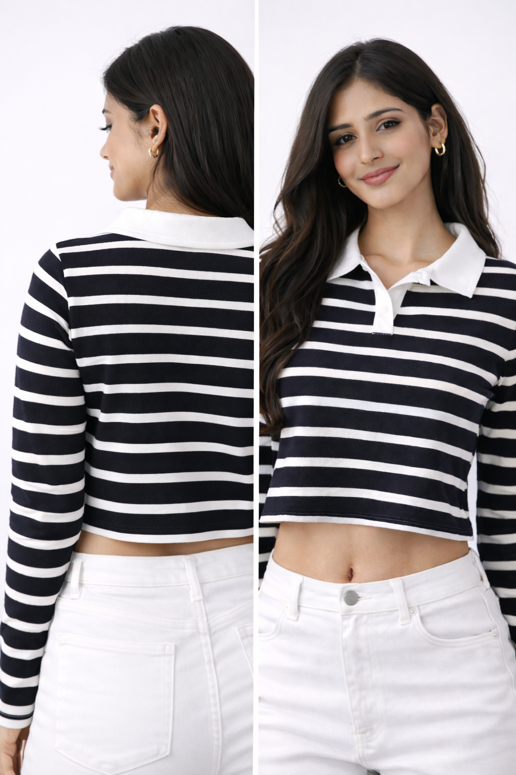 Black and white striped long-sleeve polo Tee