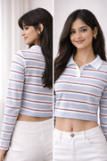 Grey striped polo crop top