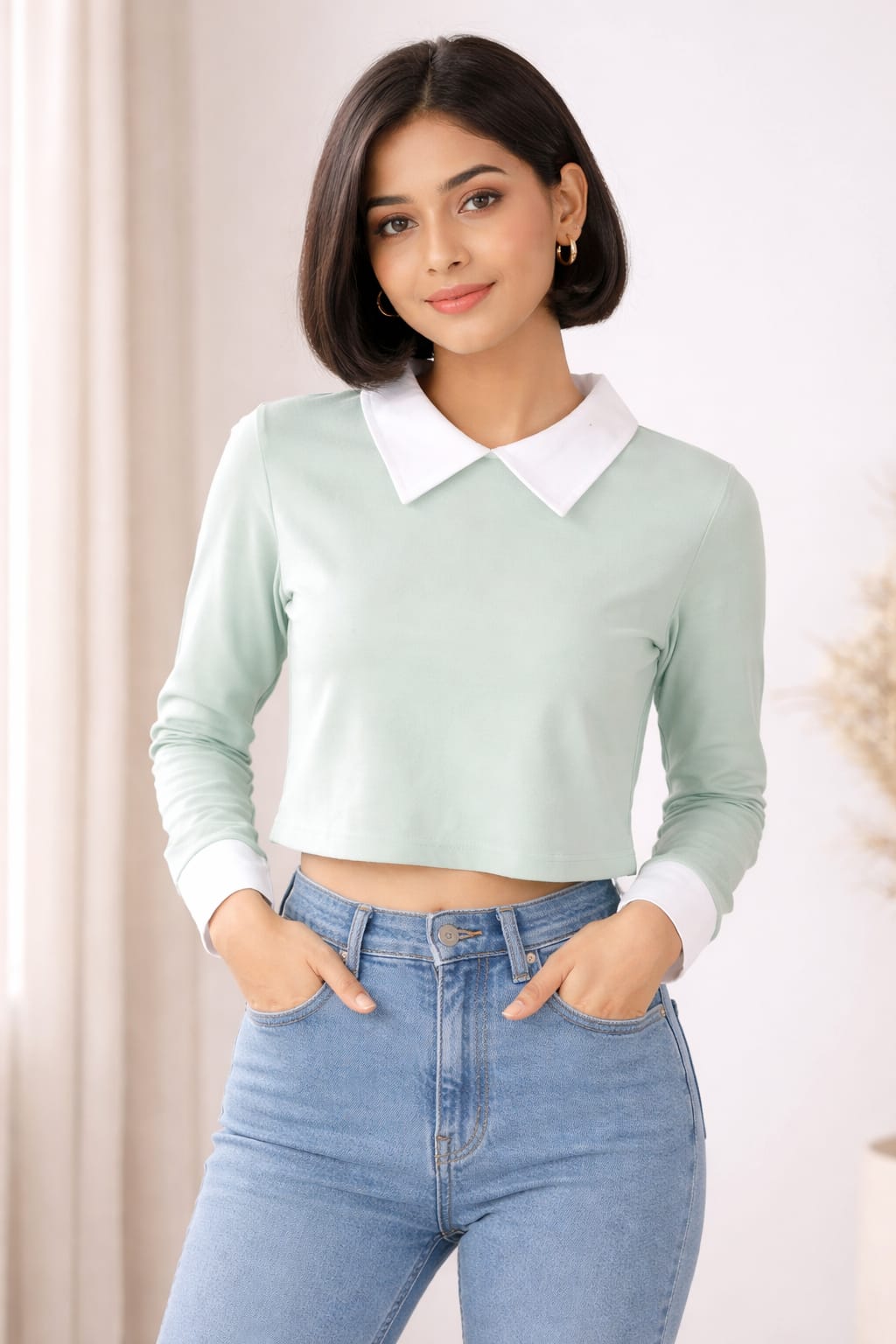 Mint Green Collared Cropped Top