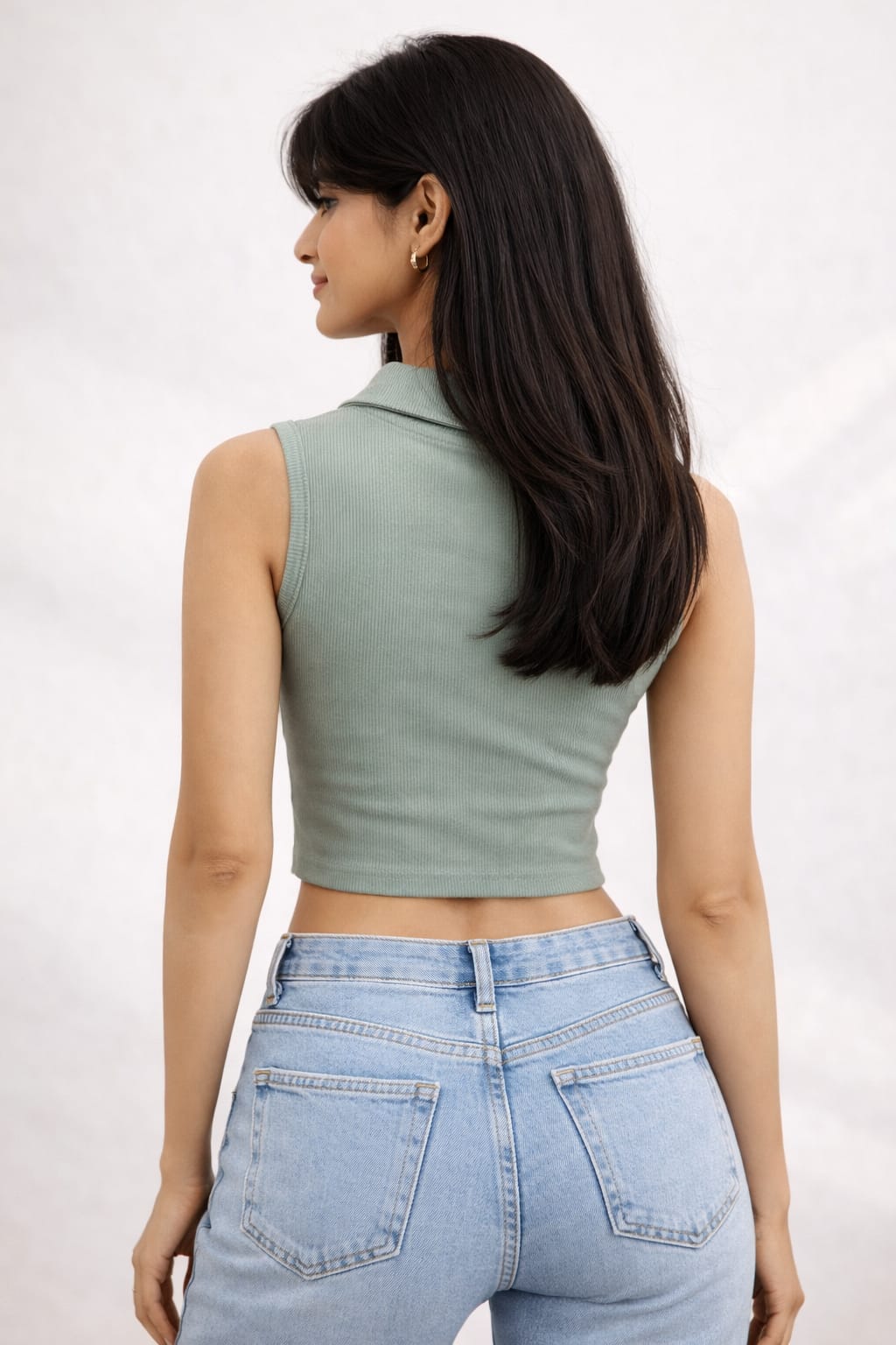 sage green sleeveless polo crop top